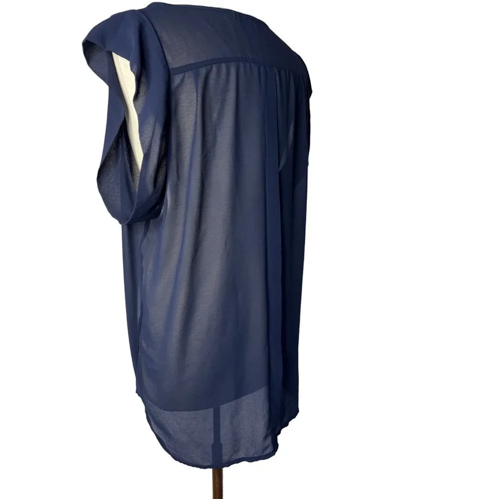 Costa Blanca Blouse Women's Blue Large Sheer Sleeveless Round Neck Hi-Lo Hem